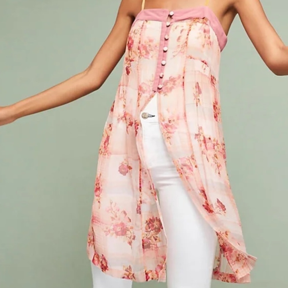 Anthropologie Fether Bone Everly Long Pink and Red Floral Top Size 8
